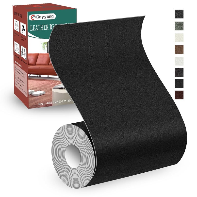G GEYYANG GEYYANG Leather Repair Kit for Furniture, 4 x 63 Inches self Adhesive Leather Repair Tape for Damaged Leather Furniture, Sofa Seating, Leather Goods(Black - Fine Grained) - Image 1